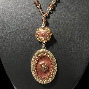 Gold Tone Oval Pendant Necklace Amber Beads Dangle Art Deco Style 15.5 in